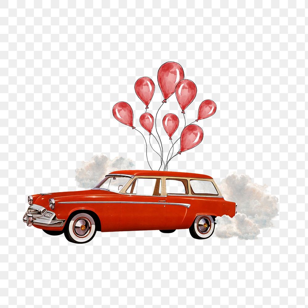 Floating car png with balloons, celebration graphic, transparent background