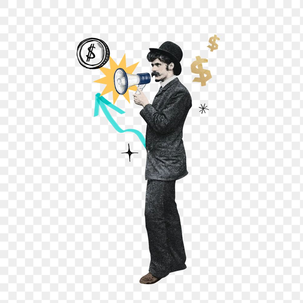 Investor finding png, man holding megaphone, finance, transparent background. Remixed by rawpixel.