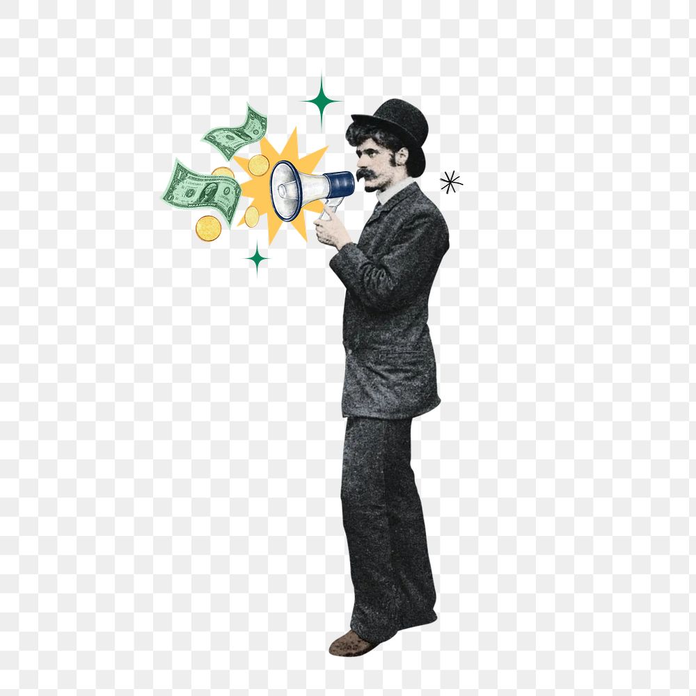 Investor finding png, man holding megaphone, finance, transparent background. Remixed by rawpixel.