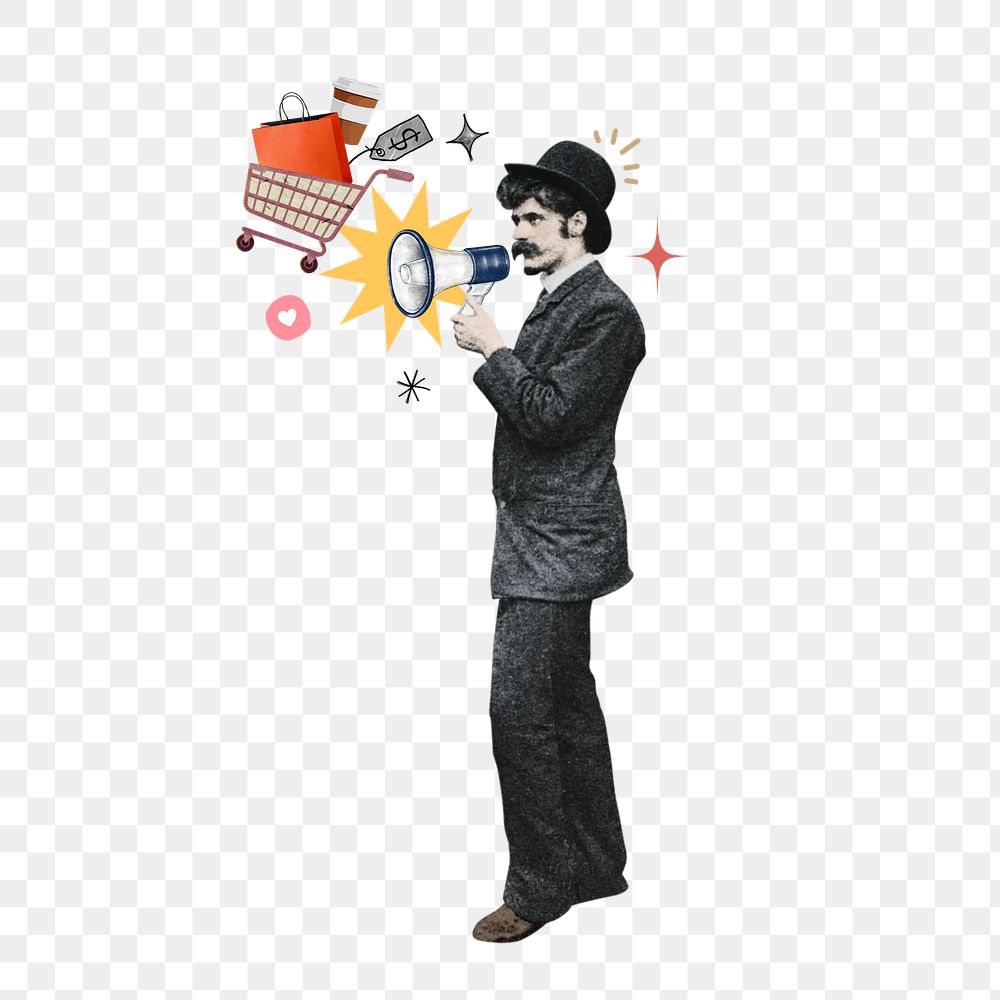 Man holding png megaphone, shopping announcement, transparent background. Remixed by rawpixel.