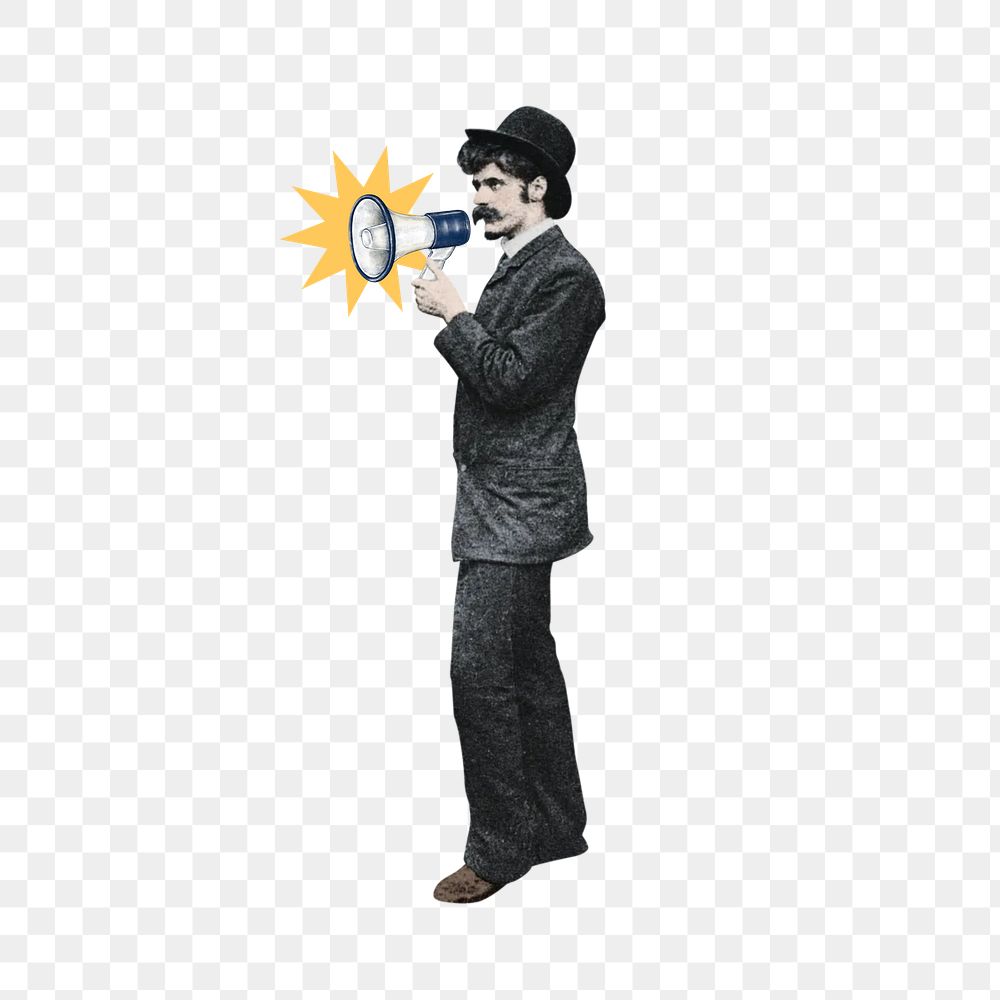Businessman png holding megaphone, vintage, transparent background. Remixed by rawpixel.