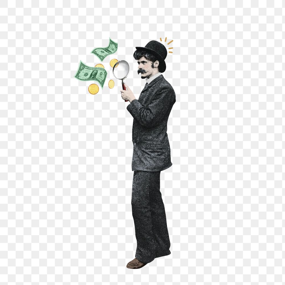 Investor finding png, man holding magnifying glass, finance, transparent background. Remixed by rawpixel.