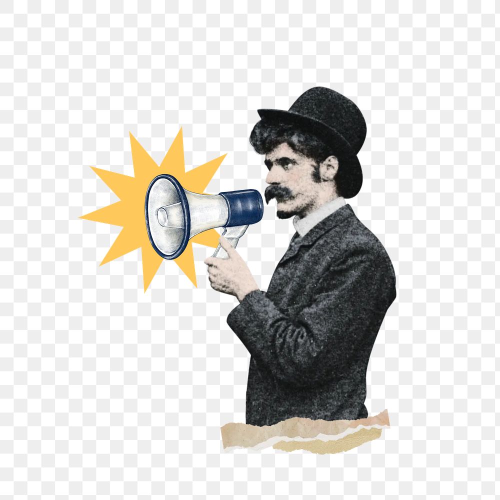 Businessman png holding megaphone, vintage, transparent background. Remixed by rawpixel.