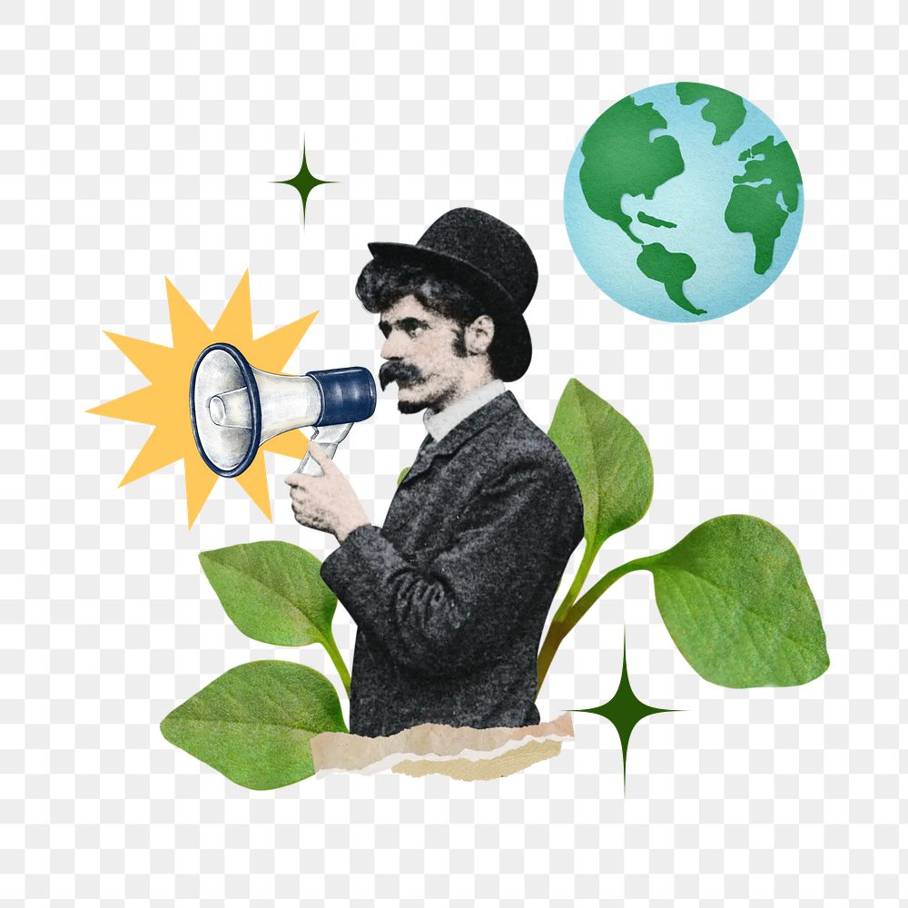 Environmentalist man png holding megaphone collage art, transparent background. Remixed by rawpixel.
