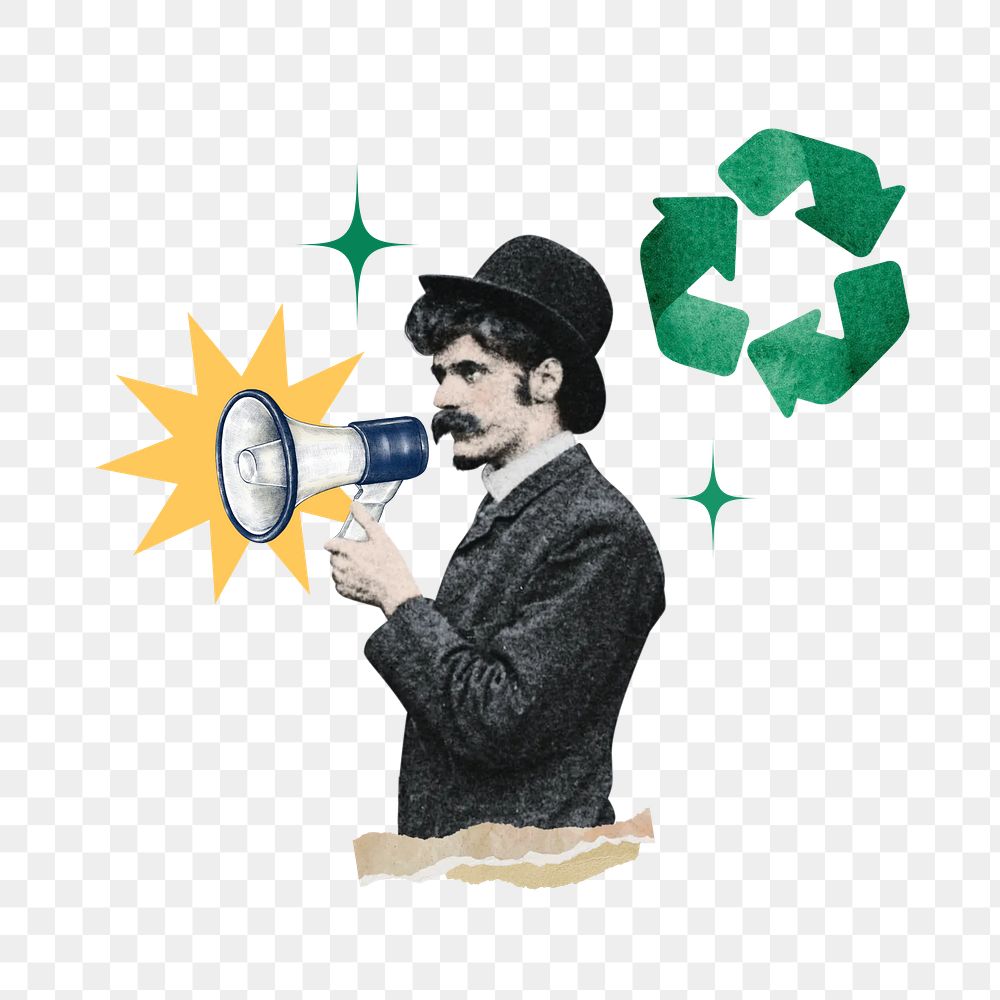 Environmentalist man png holding megaphone collage art, transparent background. Remixed by rawpixel.