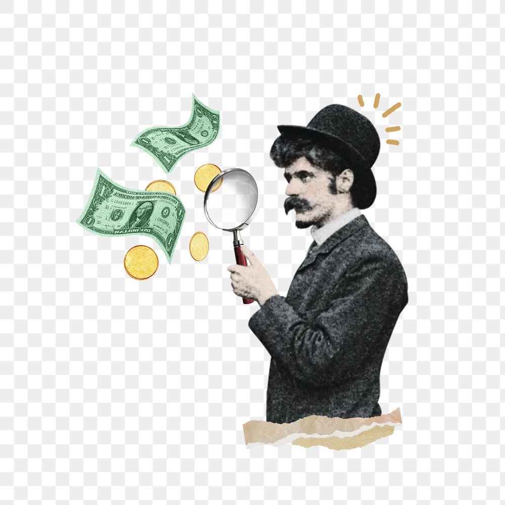 Investor finding png, man holding magnifying glass, finance, transparent background. Remixed by rawpixel.