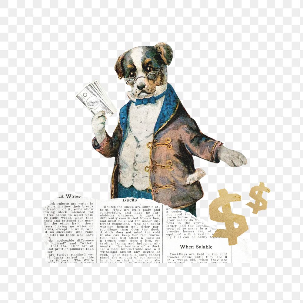 Business investor png, dog holding money collage, transparent background. Remixed by rawpixel.