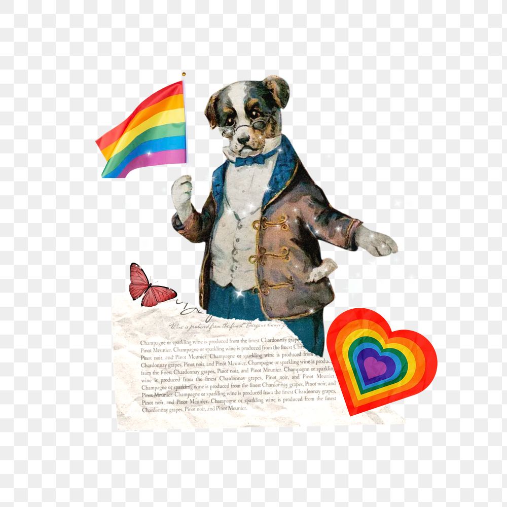 LGBT png dog activist holding pride flag, transparent background. Remixed by rawpixel.