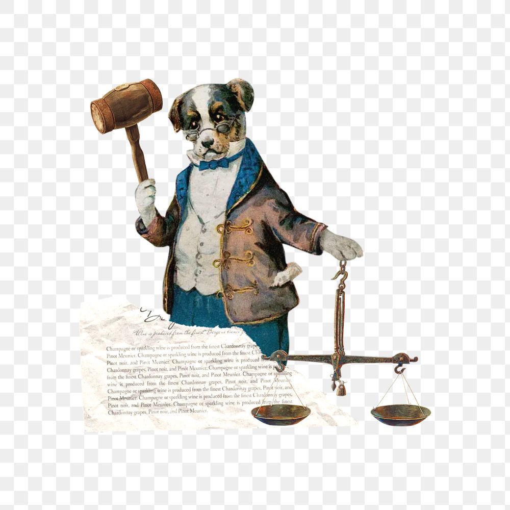 Dog holding gavel png, justice scale, transparent background. Remixed by rawpixel.