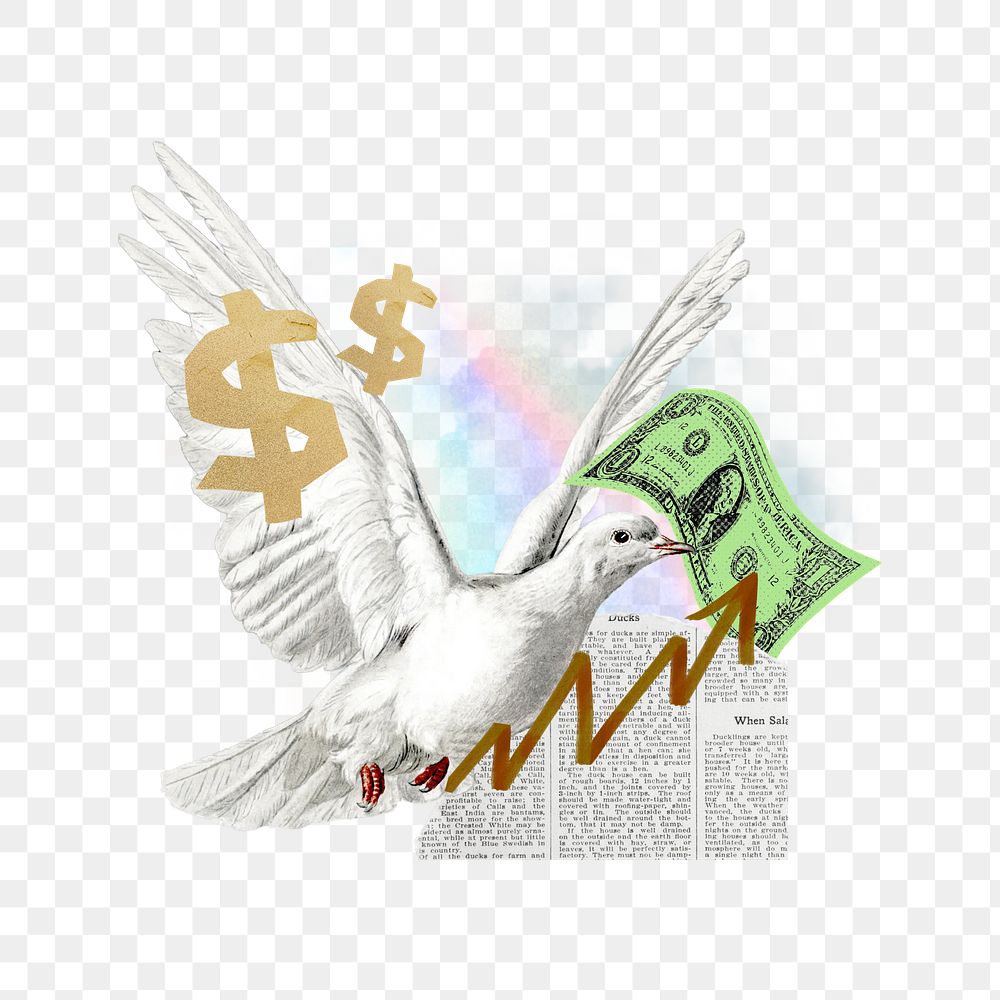 Stock price increase png, bird with money collage, transparent background. Remixed by rawpixel.