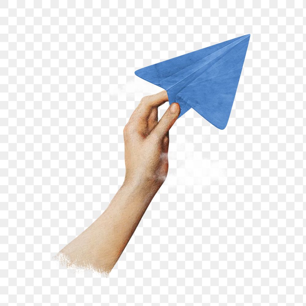 Hand png holding paper plane, travel, transparent background. Remixed by rawpixel.