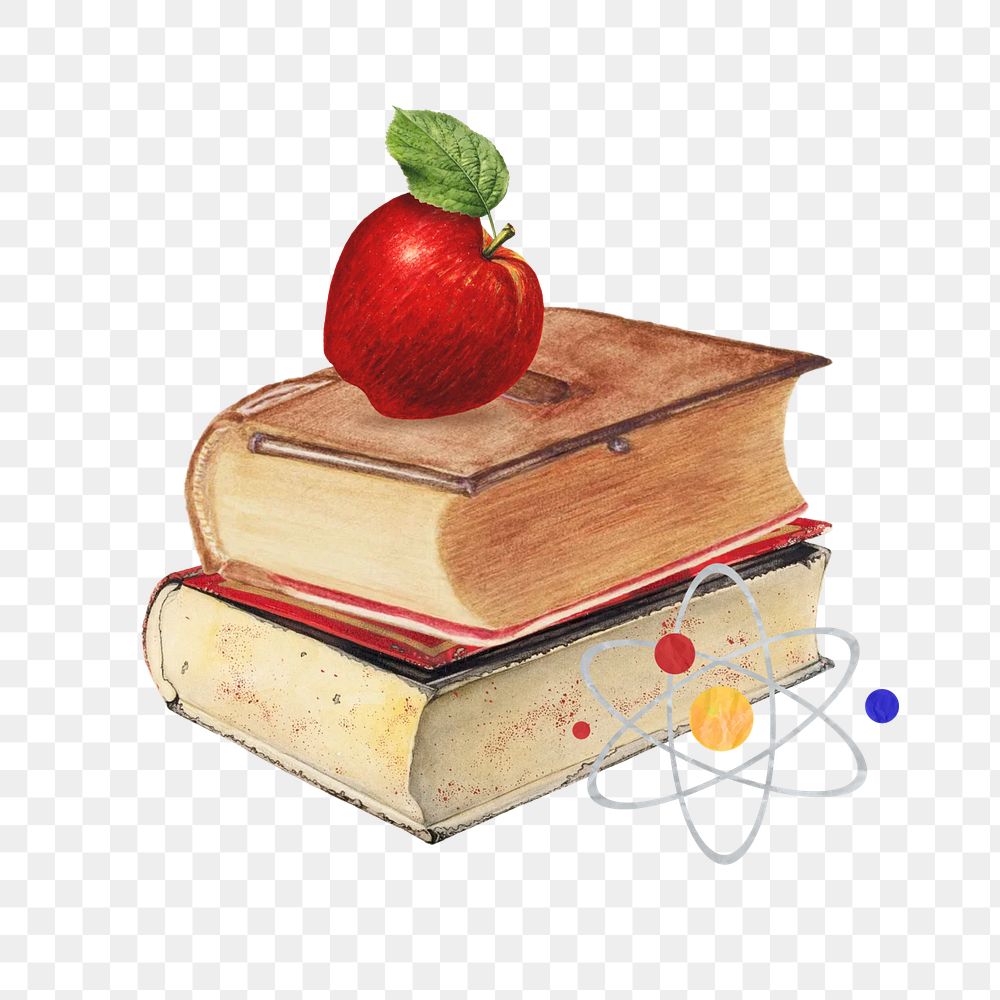 Science education png, apple on stacked books, transparent background. Remixed by rawpixel.