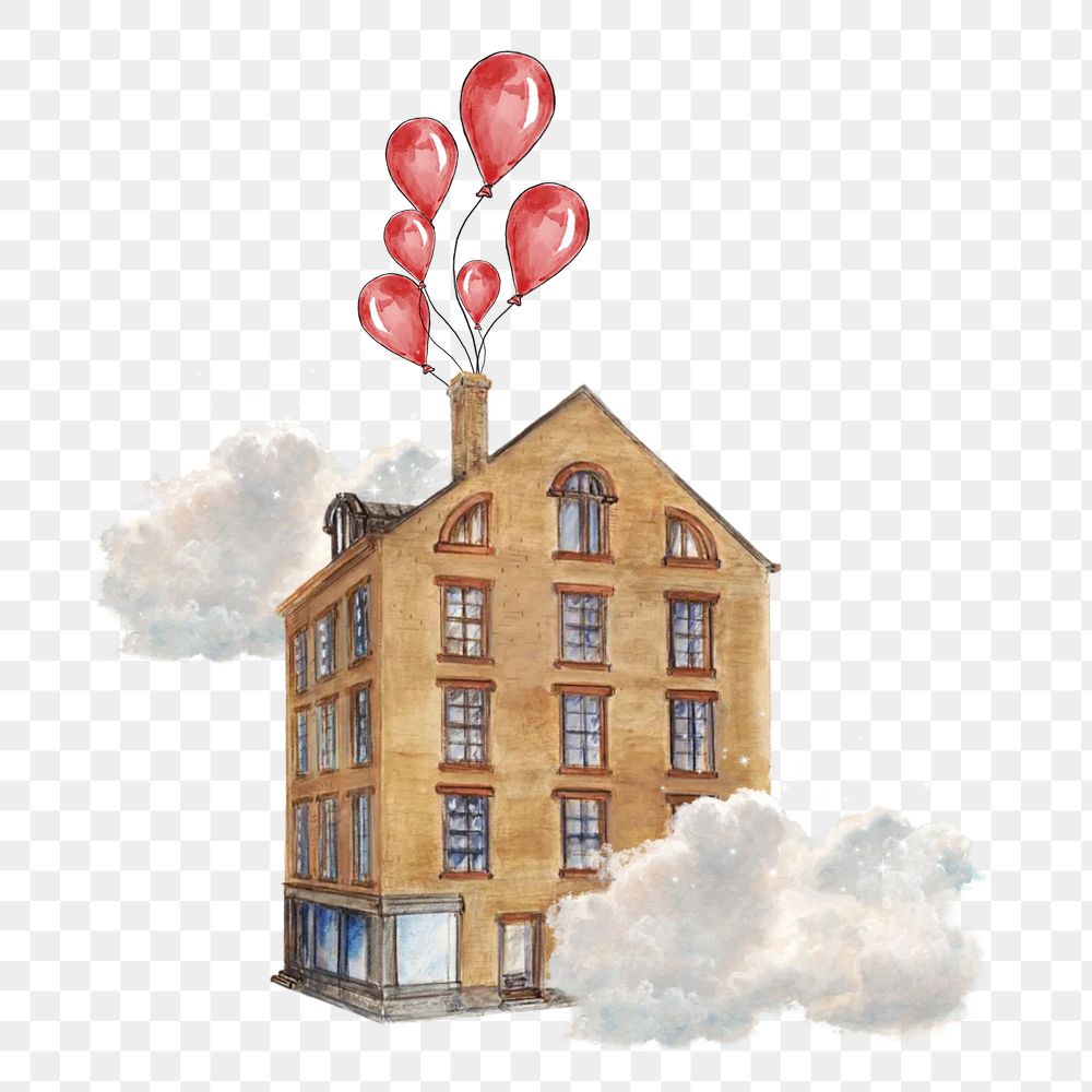 Floating building png, vintage balloons, transparent background. Remixed by rawpixel.