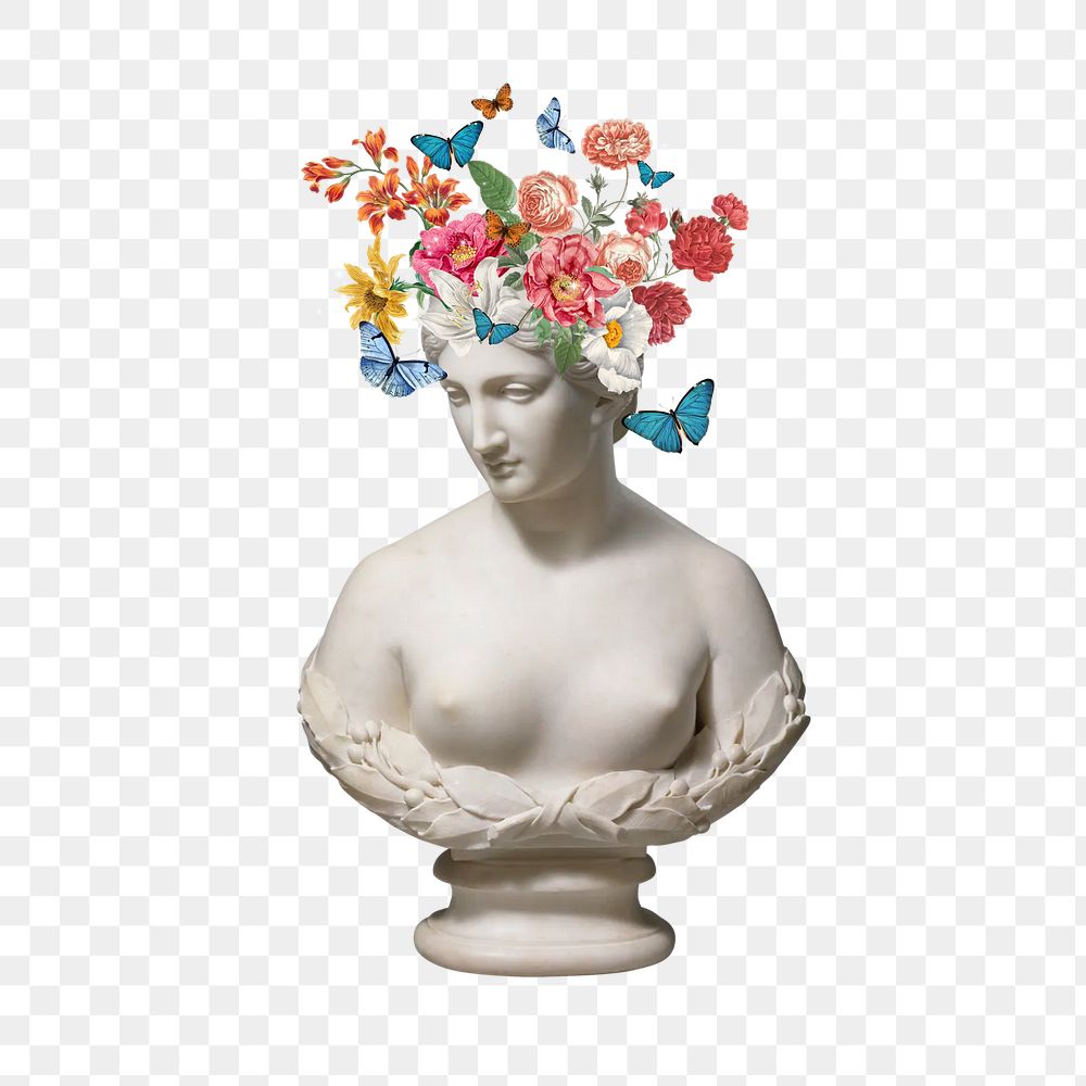 Flower headed sculpture png, mental health, transparent background. Remixed by rawpixel.