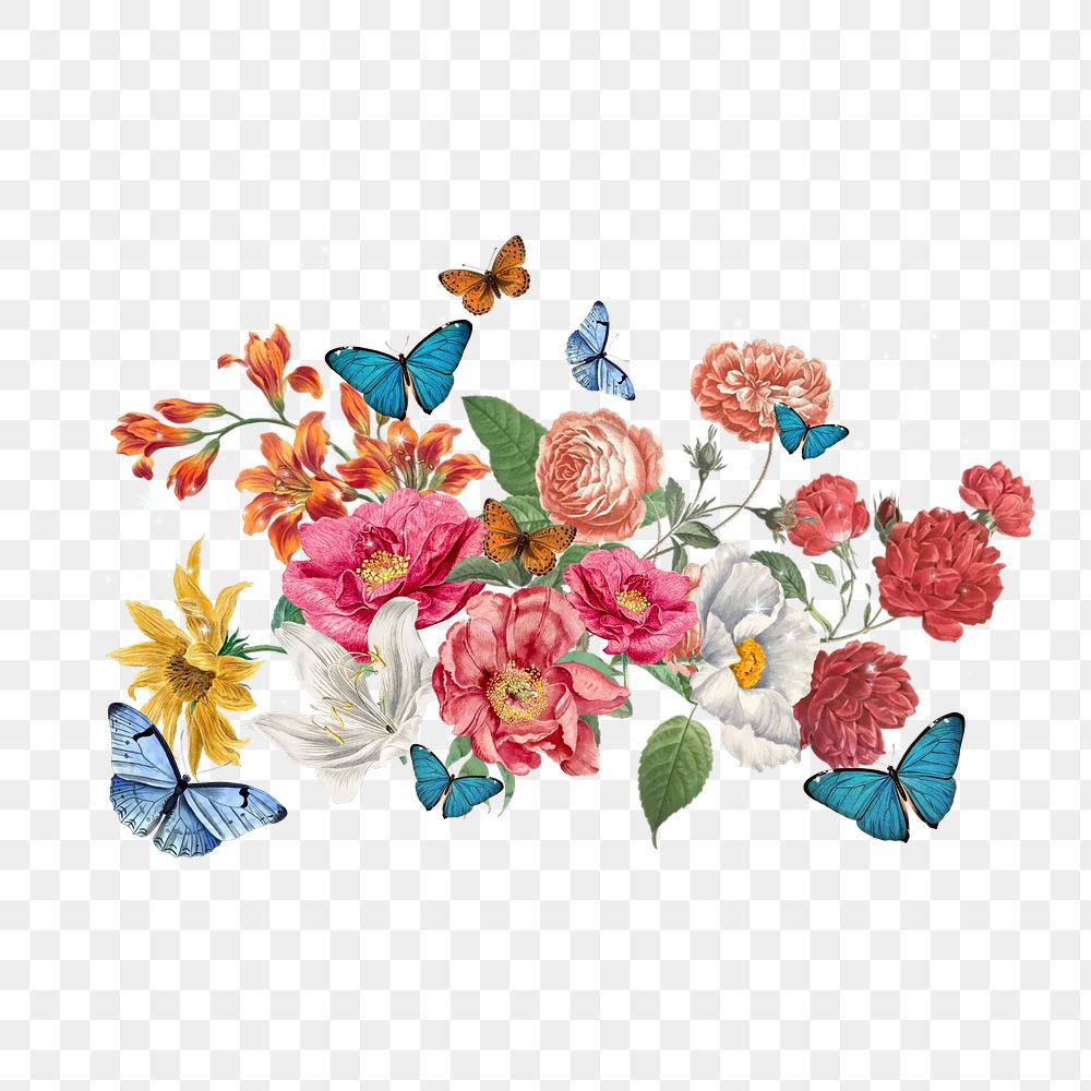 Spring flowers png butterfly, aesthetic remix, transparent background
