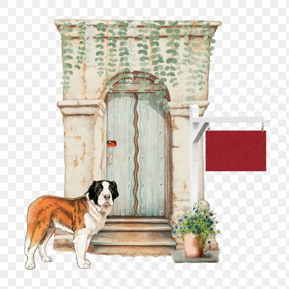 Vintage cafe png entrance, dog, transparent background. Remixed by rawpixel.