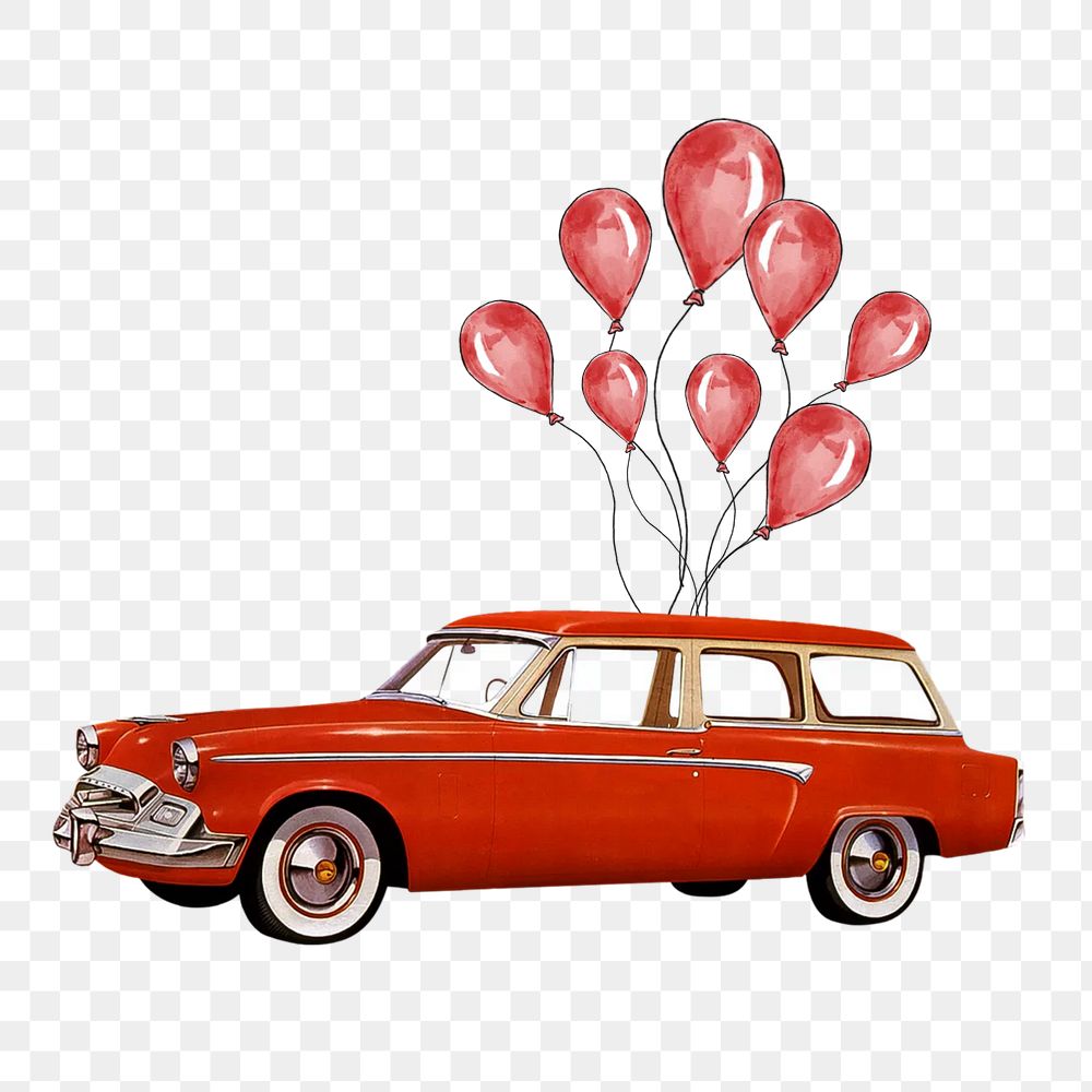 Floating car png with balloons, celebration graphic, transparent background