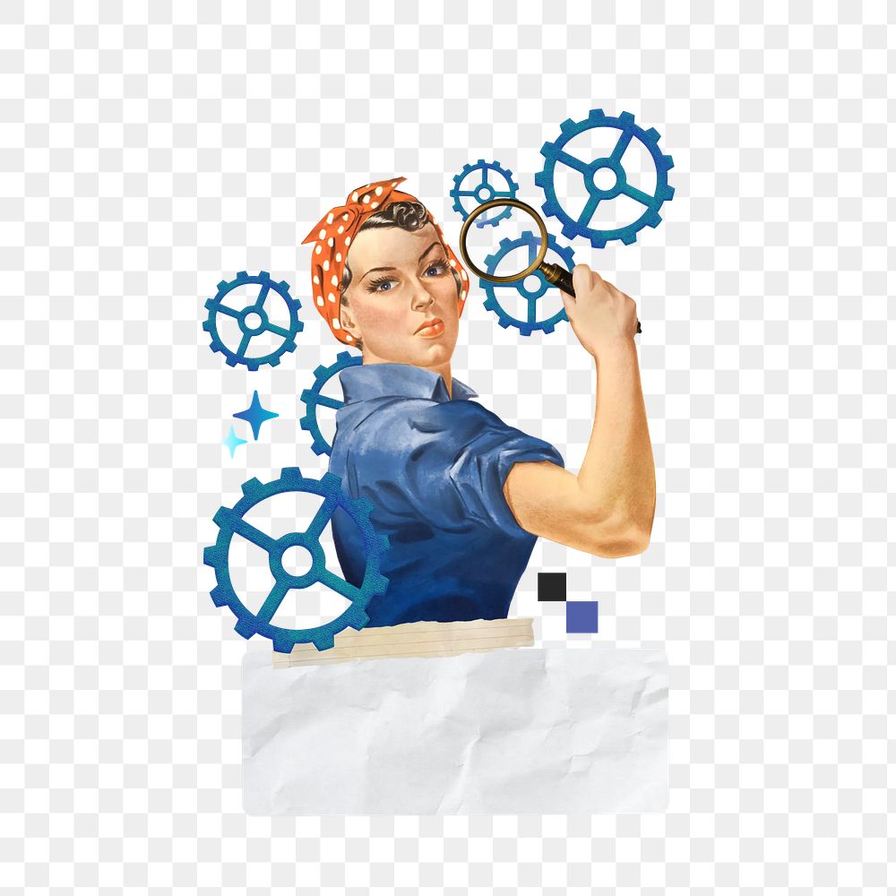 Woman png holding magnifying glass, cogwheel business, transparent background. Remixed by rawpixel.
