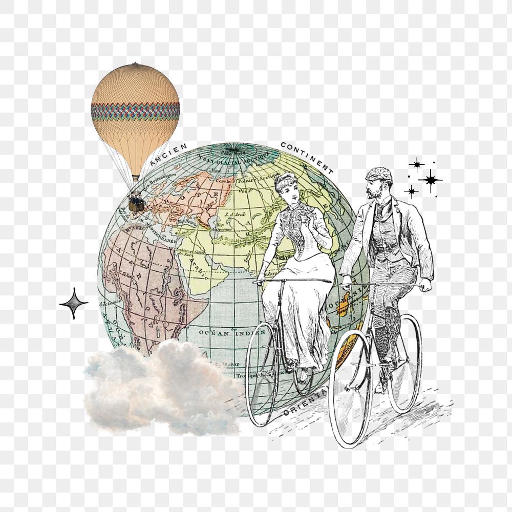 Aesthetic globe png biking couple, transparent background. Remixed by rawpixel.