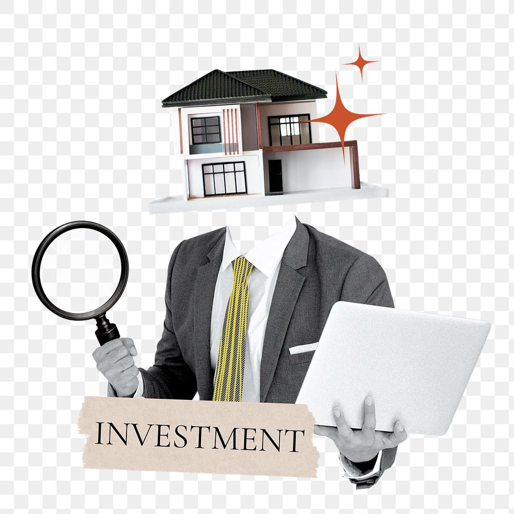 Investment word png sticker, property head businessman remix on transparent background