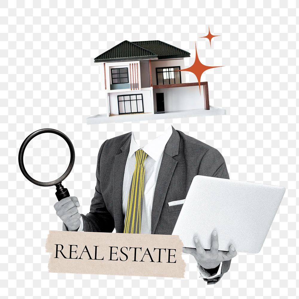 Real estate word png sticker, property head businessman remix on transparent background