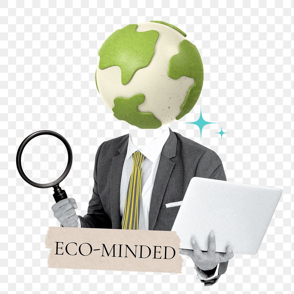 Eco-minded word png sticker, globe head businessman remix on transparent background