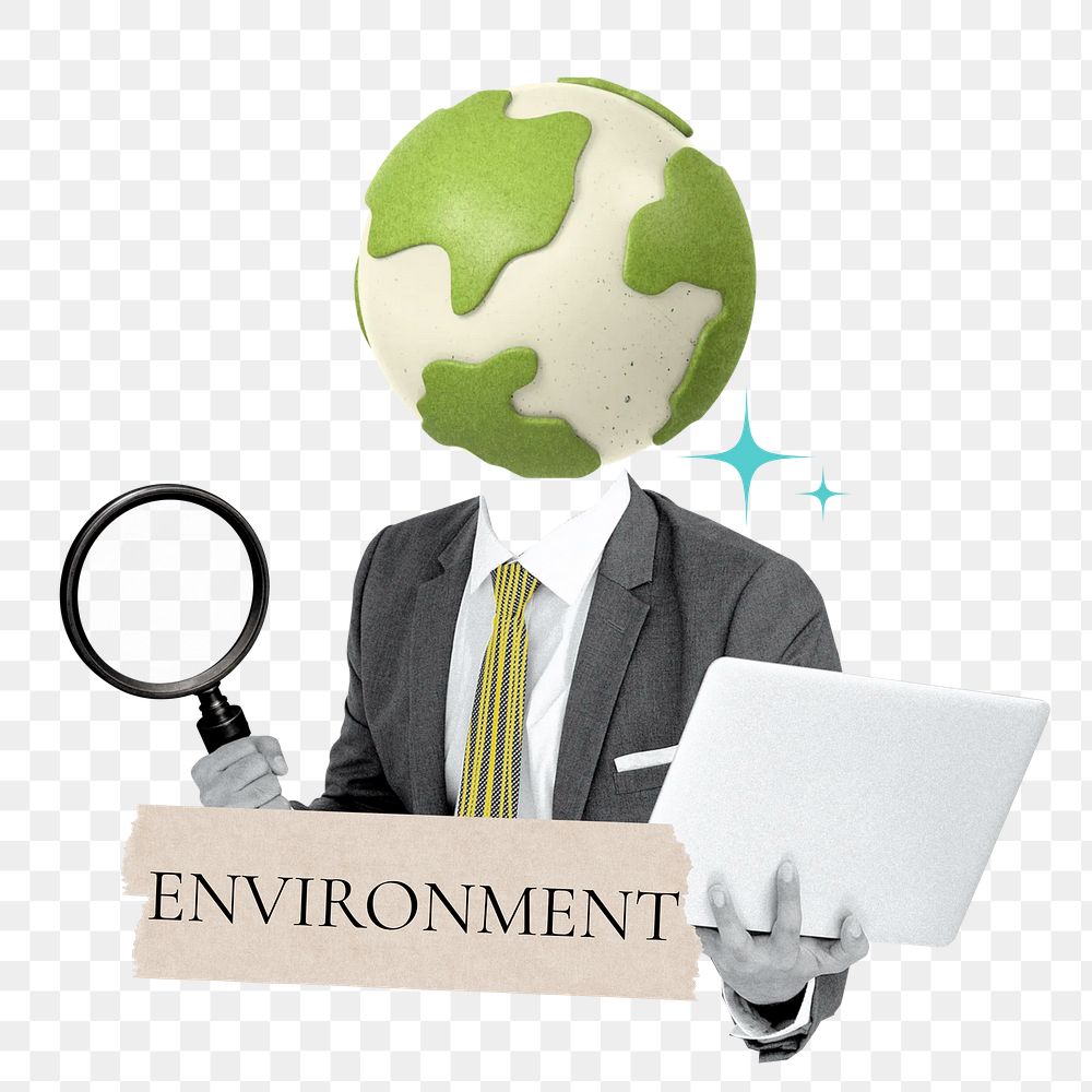 Environment word png sticker, globe head businessman remix on transparent background