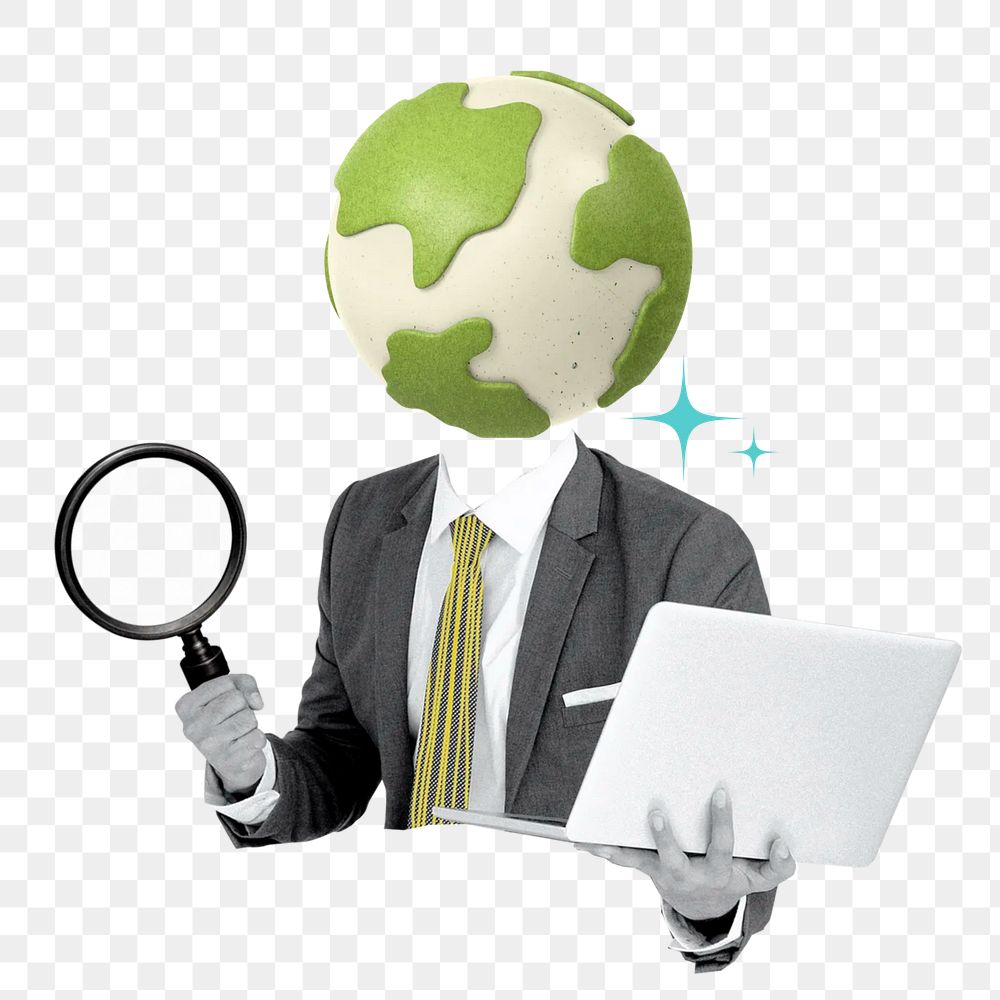 Sustainable business png sticker, globe head businessman on transparent background