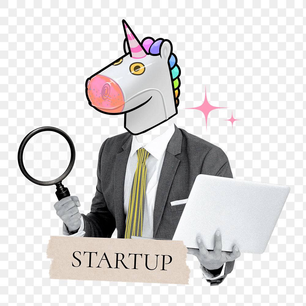 Startup word png sticker, unicorn head businessman remix on transparent background
