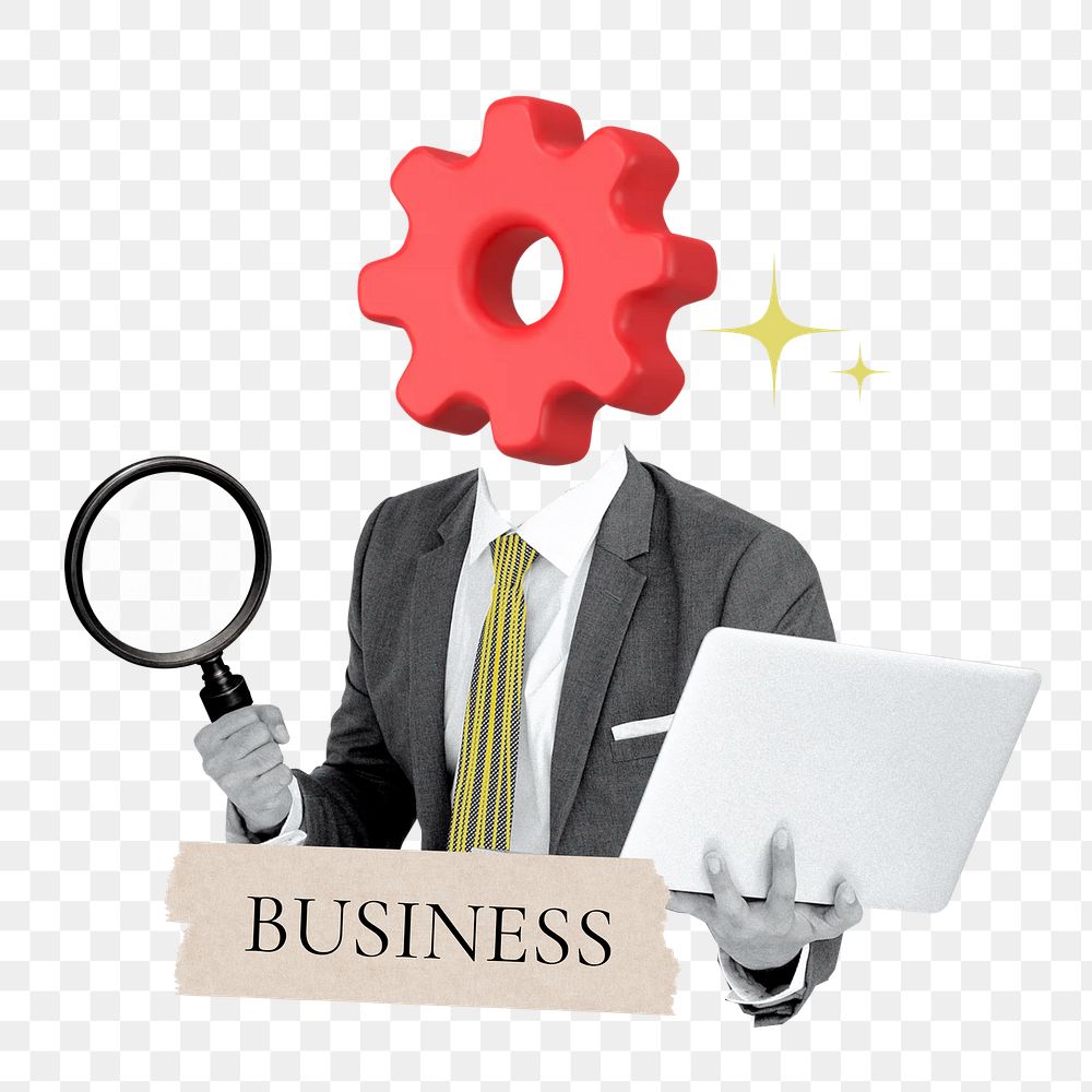 Business word png sticker, cogwheel head businessman remix on transparent background