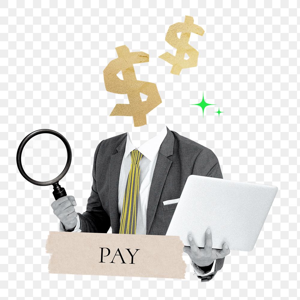 Pay word png sticker, dollar sign head businessman remix on transparent background