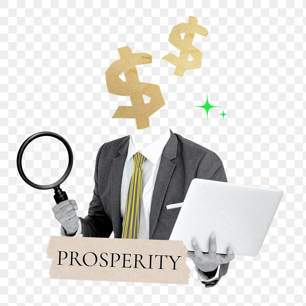 Prosperity word png sticker, dollar sign head businessman remix on transparent background
