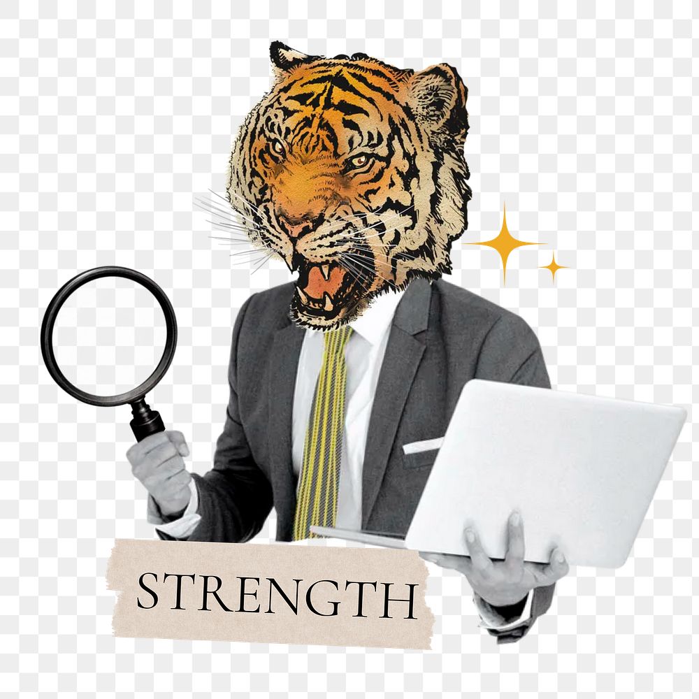 Strength word png sticker, tiger head businessman remix on transparent background