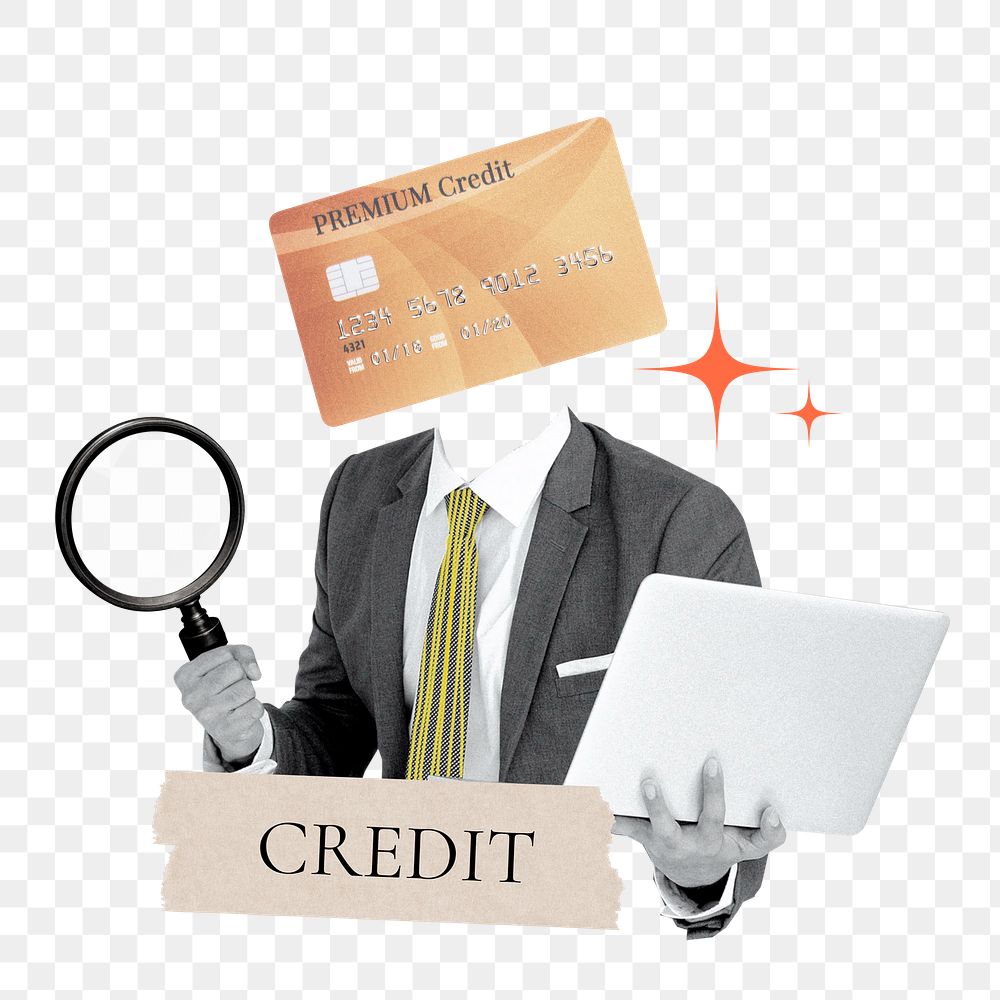 Credit word png sticker, card head businessman remix on transparent background