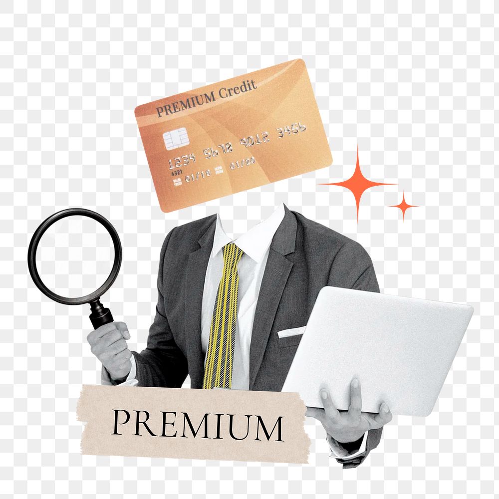 Premium word png sticker, credit car head businessman remix on transparent background