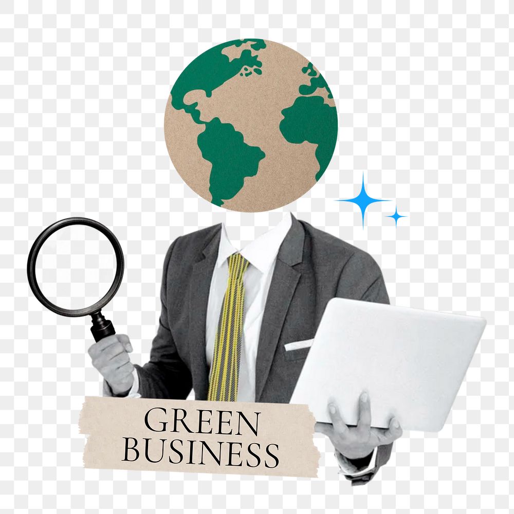 Green business word png sticker, globe head businessman remix on transparent background