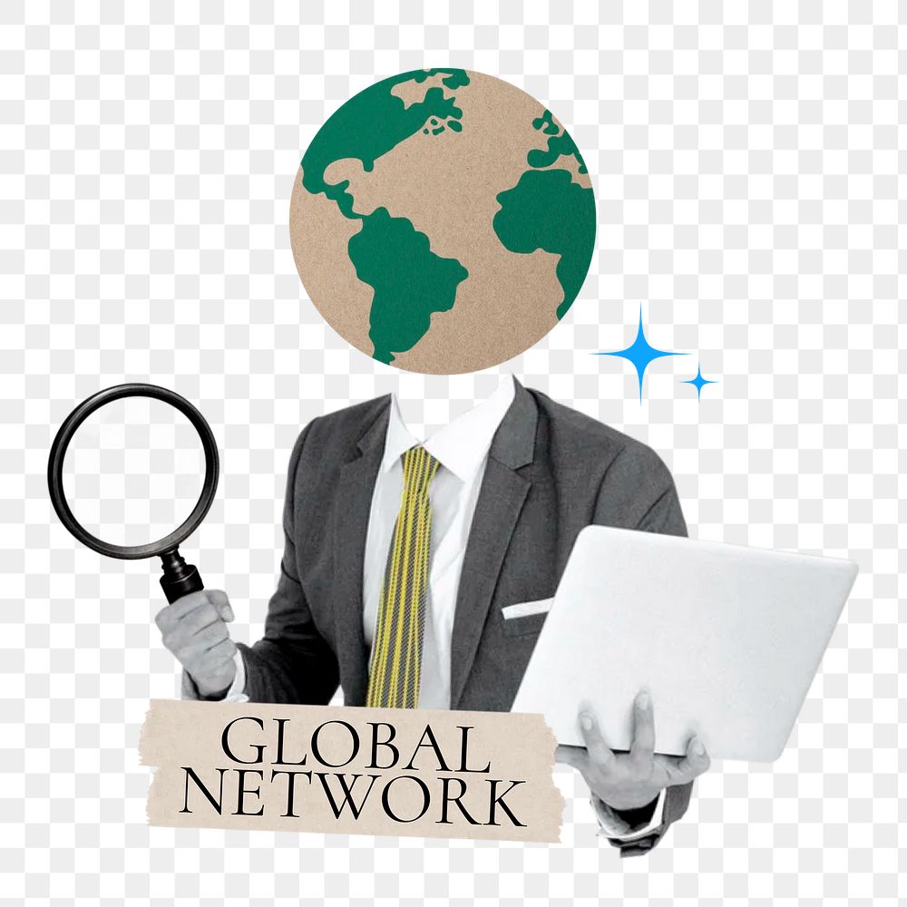 Global network word png sticker, globe head businessman remix on transparent background