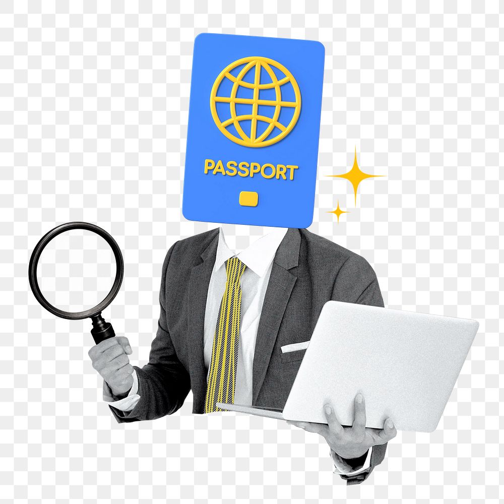 Border security immigration png sticker, grid-globe head businessman on transparent background