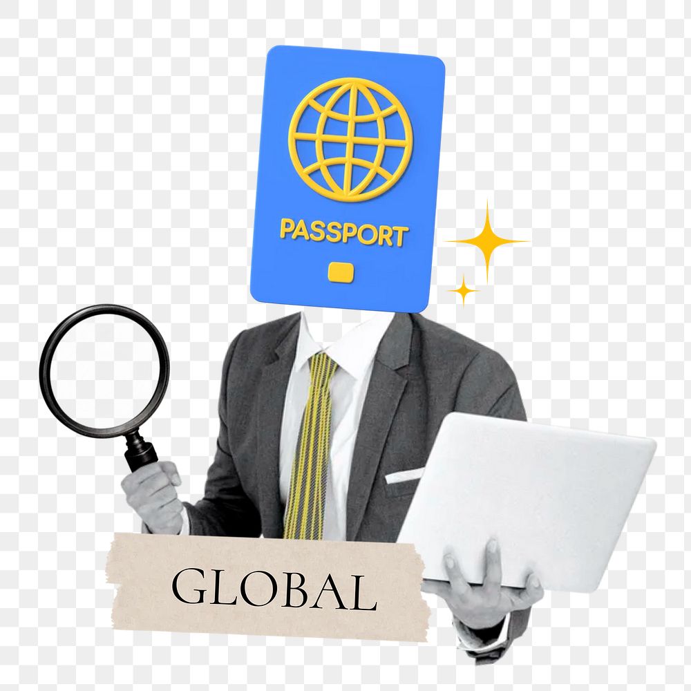 Global word png sticker, passport head businessman remix on transparent background
