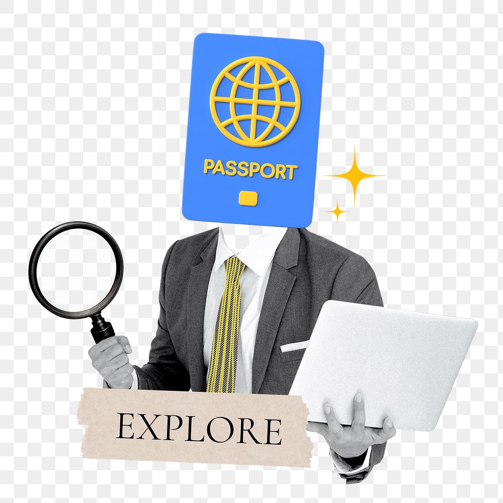 Explore word png sticker, passport head businessman remix on transparent background
