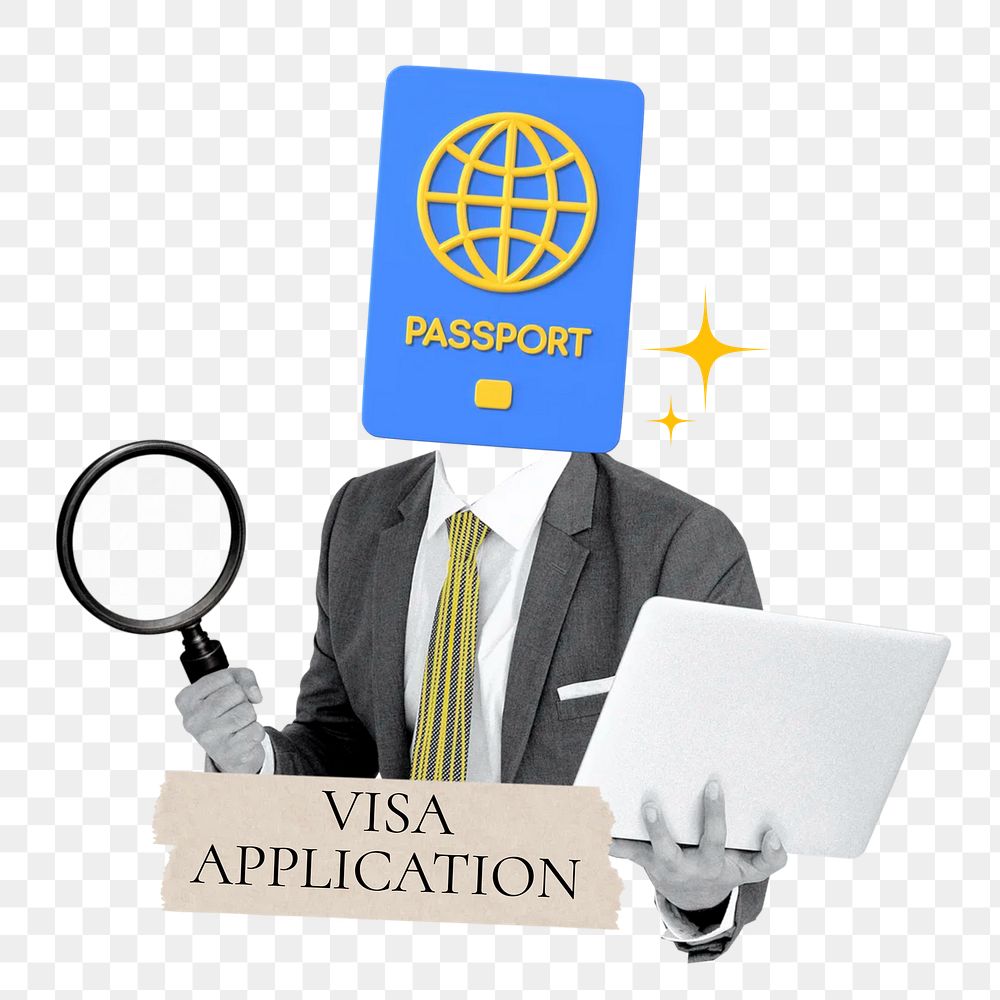 Visa application word png sticker, passport head businessman remix on transparent background