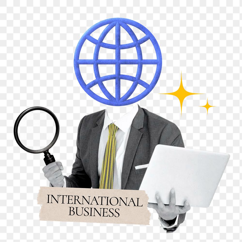 International business word png sticker, grid globe head businessman remix on transparent background