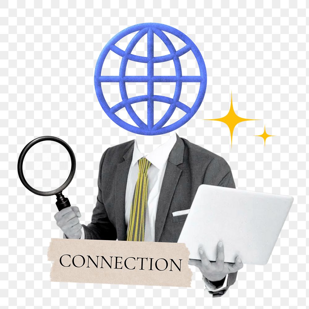 Connection word png sticker, grid globe head businessman remix on transparent background