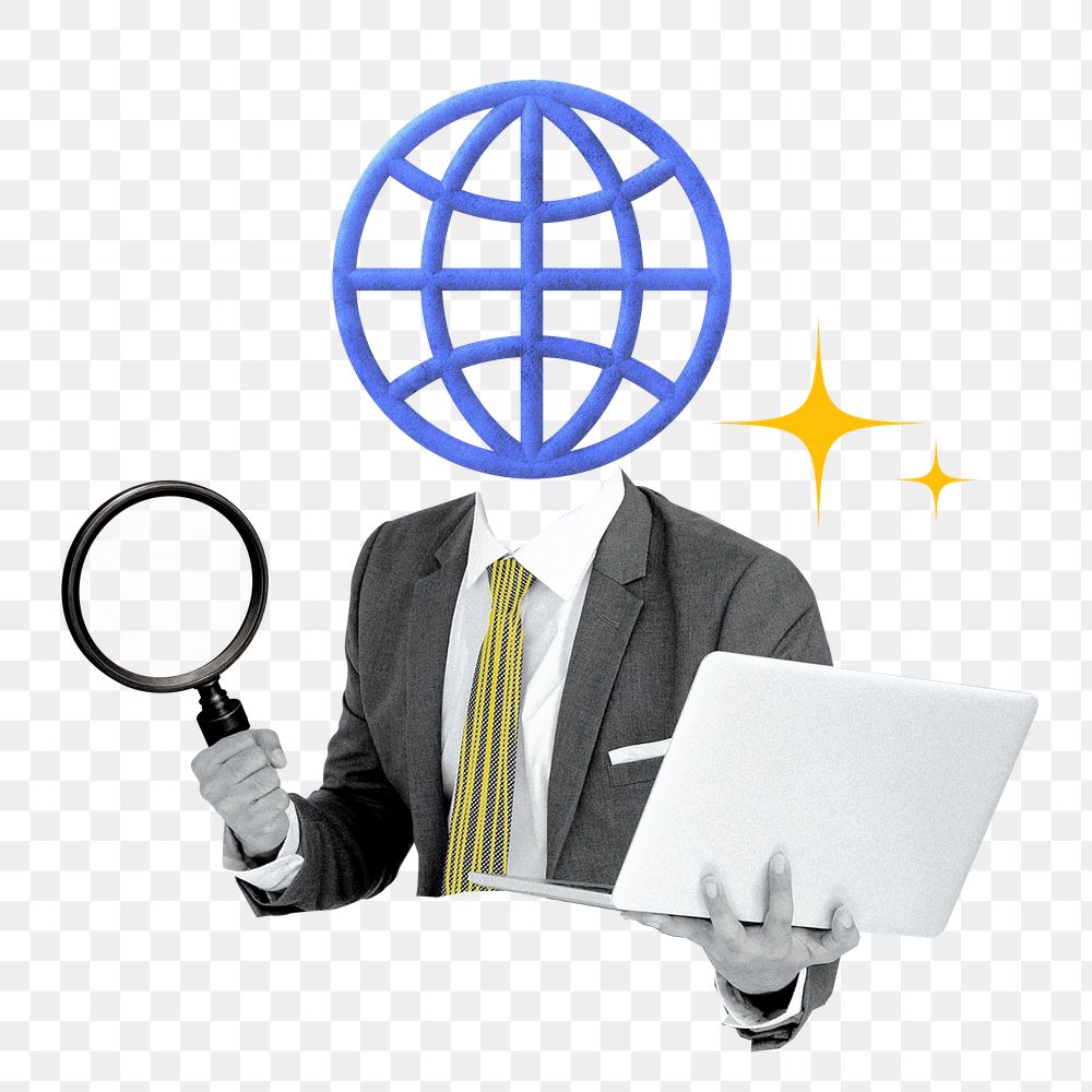 Business communication png sticker, grid-globe head businessman on transparent background
