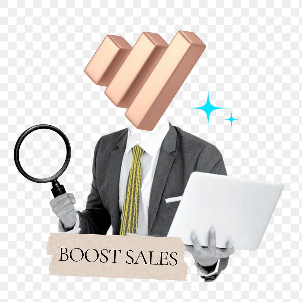 Boost sales word png sticker, bar chart head businessman remix on transparent background