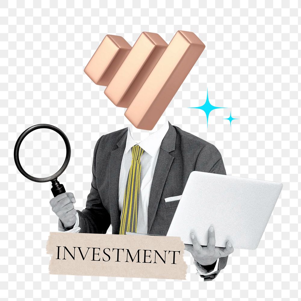 Investment word png sticker, bar chart head businessman remix on transparent background