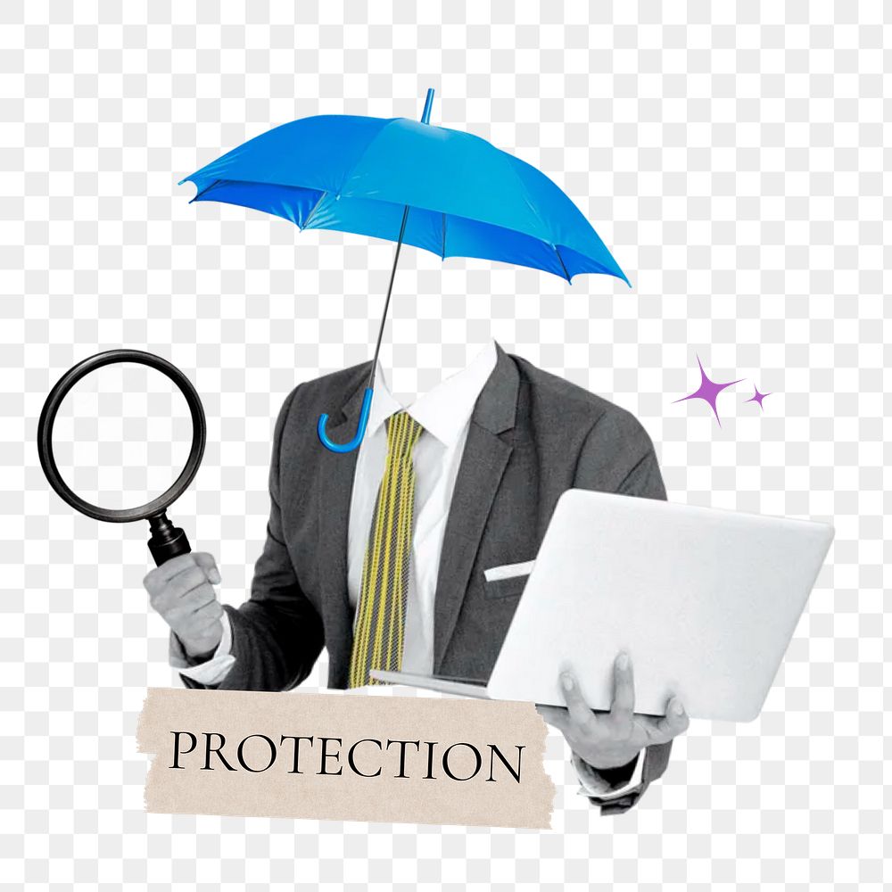 Protection word png sticker, umbrella head businessman remix on transparent background