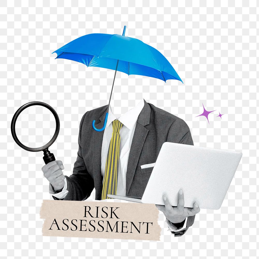 Risk assessment word png sticker, umbrella head businessman remix on transparent background