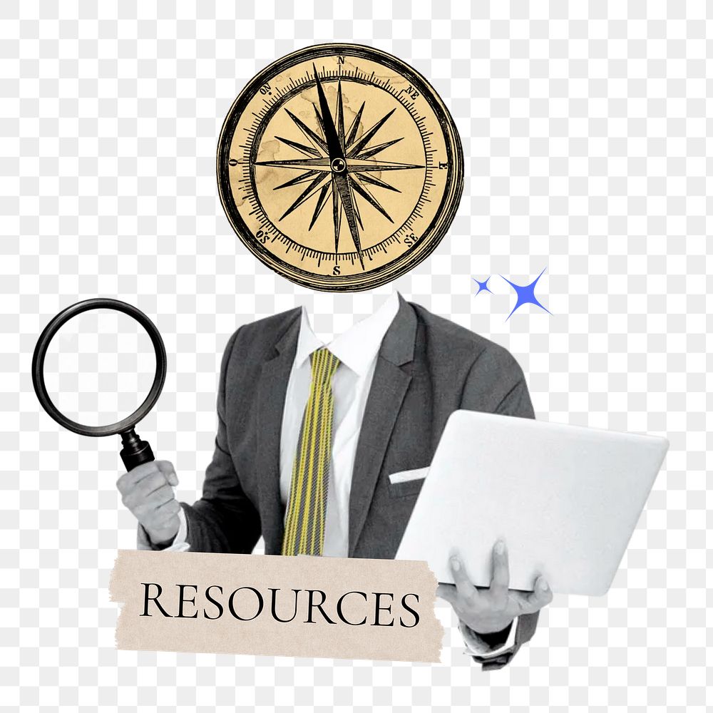 Resources word png sticker, compass head businessman remix on transparent background