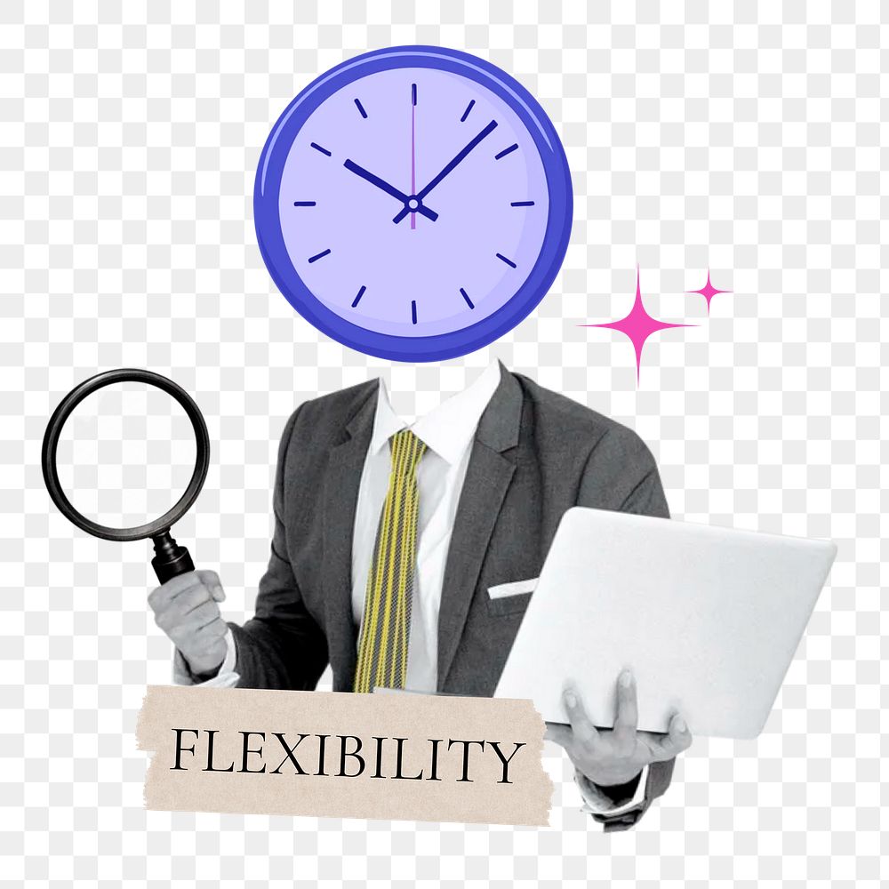Flexibility word png sticker, clock head businessman remix on transparent background